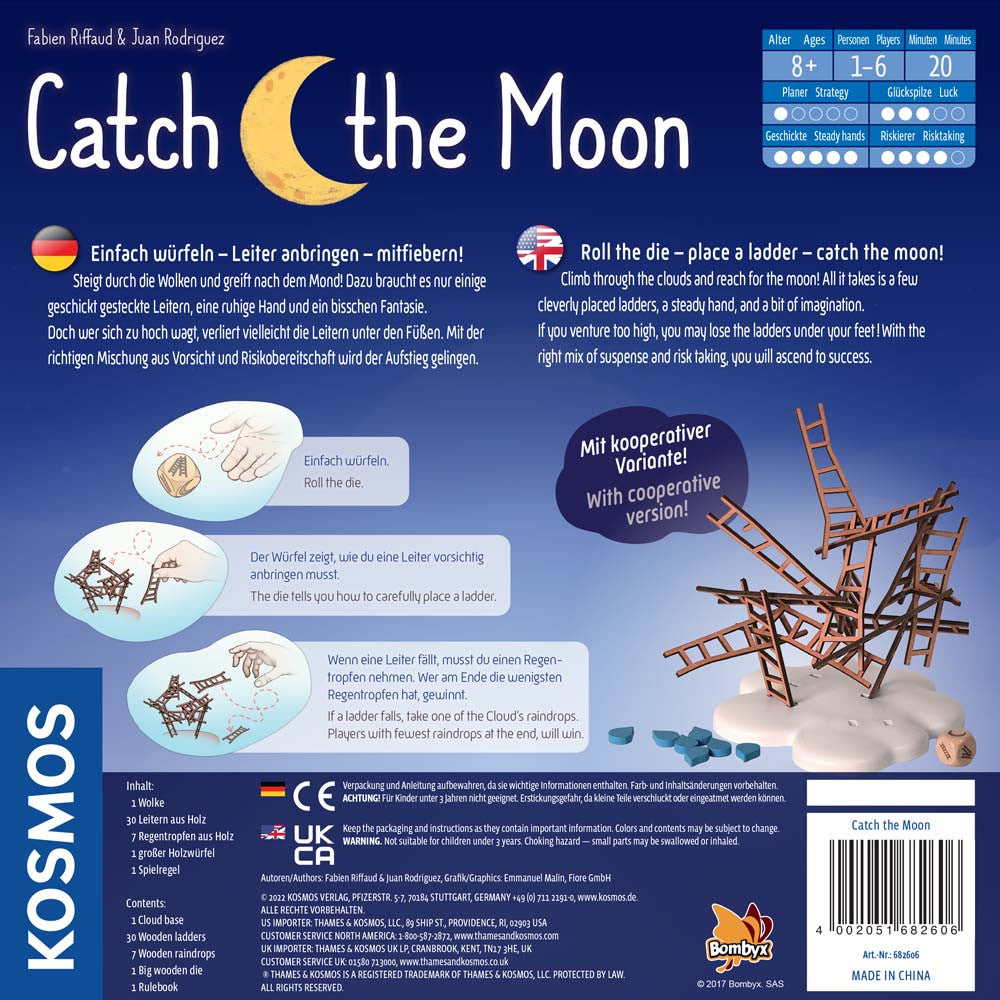 Back cover of 'Catch the Moon' board game packaging with text and graphics.