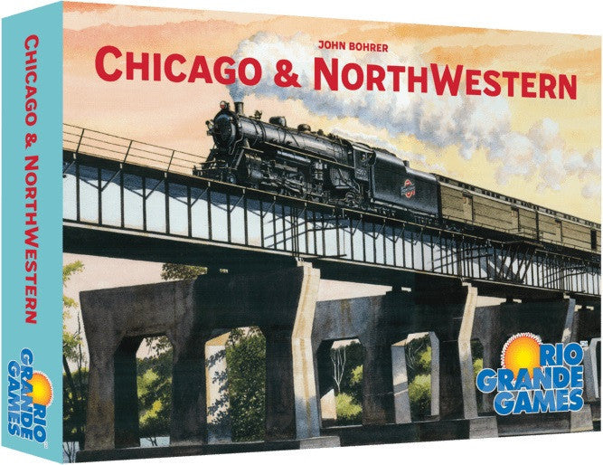 Board game box for 'Chicago & NorthWestern' by Rio Grande Games with a train on a bridge.