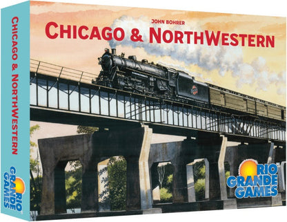 Board game box for 'Chicago & NorthWestern' by Rio Grande Games with a train on a bridge.