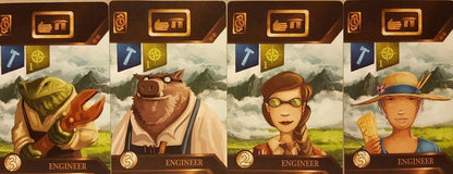 Four Engineer character cards from a game, each with a unique design and color scheme.
