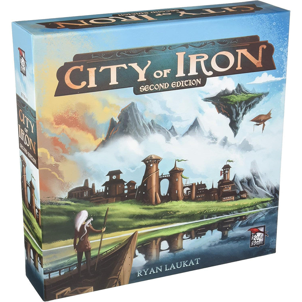 Board game box for 'City of Iron' Second Edition with mountain and settlement illustration.