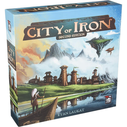 Board game box for 'City of Iron' Second Edition with mountain and settlement illustration.