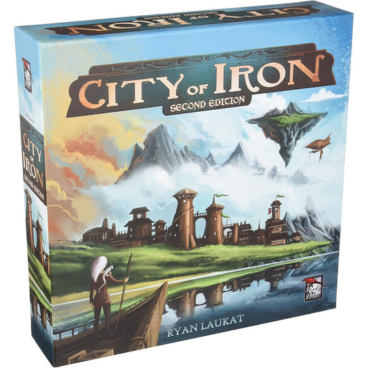 Board game box for 'City of Iron' Second Edition with mountain and settlement illustration.