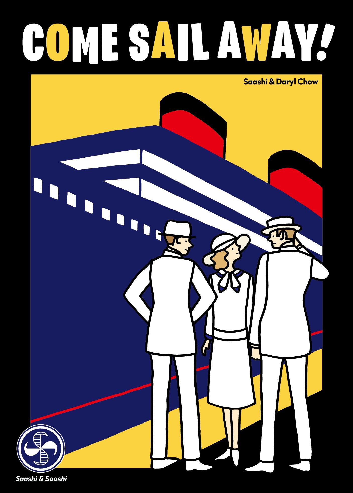 Board game of 'Come Sail Away!' with a stylized illustration of people near a ship, featuring the authors' names.