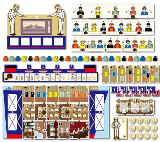 Board game box titled 'Come Sail Away!' with Collection of vintage-style board game components including figures, cards, and game pieces.