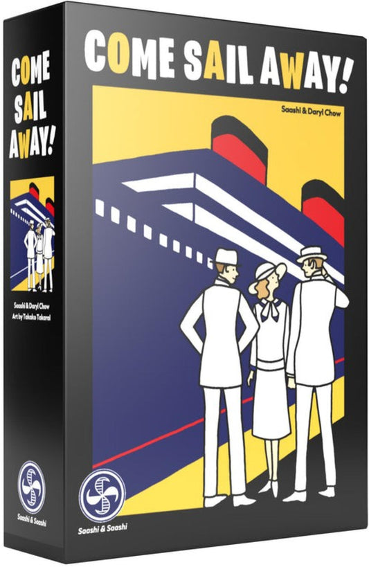 Board game box titled 'Come Sail Away!' with illustrations of people in uniform on a colorful background.