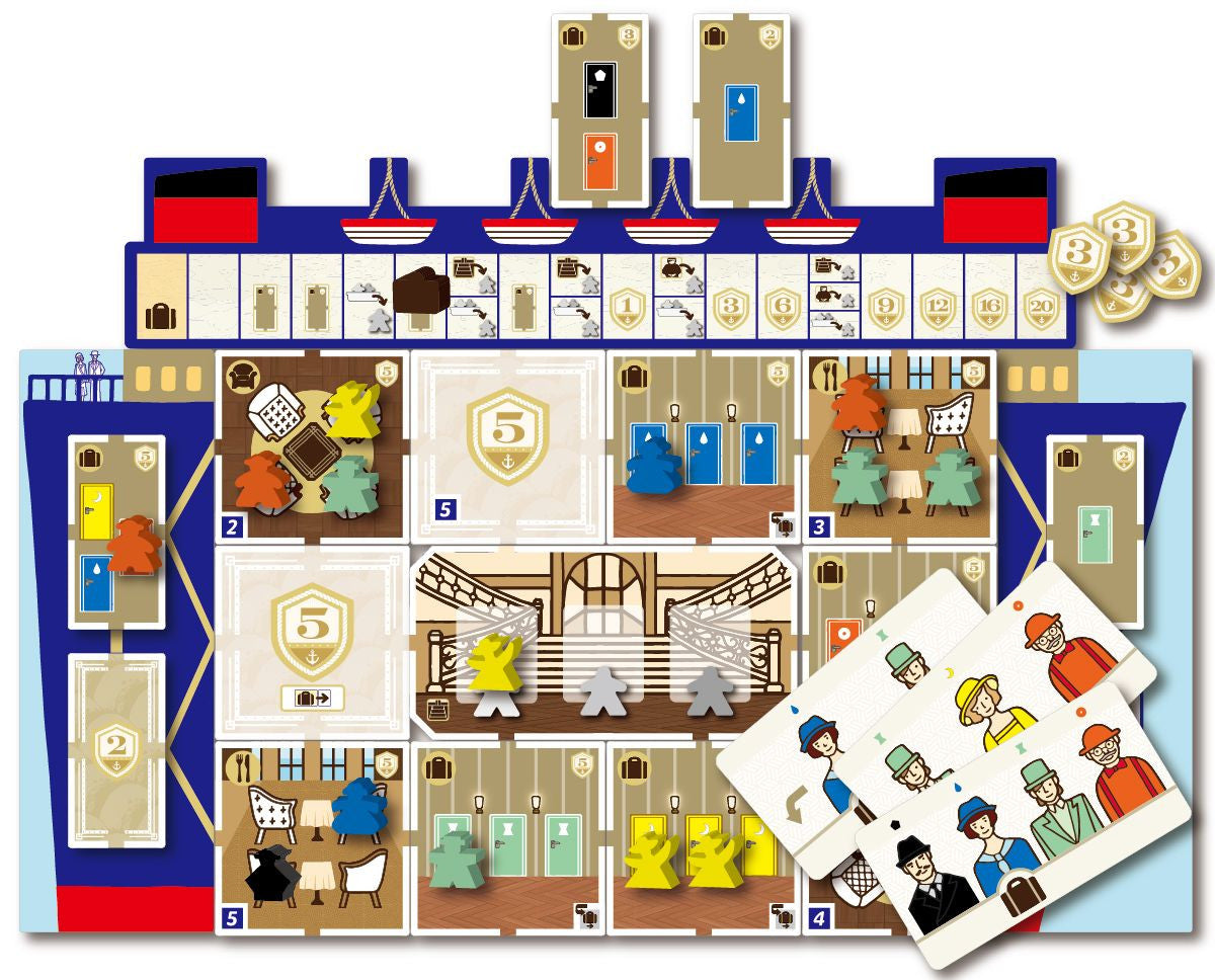 Board game setup with pieces and cards on a white background for Come Sail Away board game