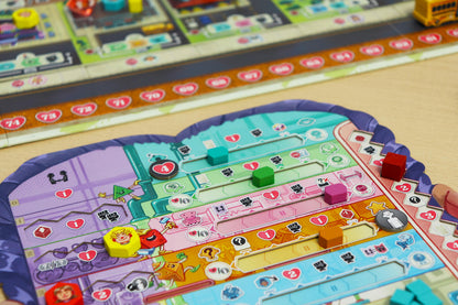 Coming of Age Colorful board game with pieces on a wooden surface