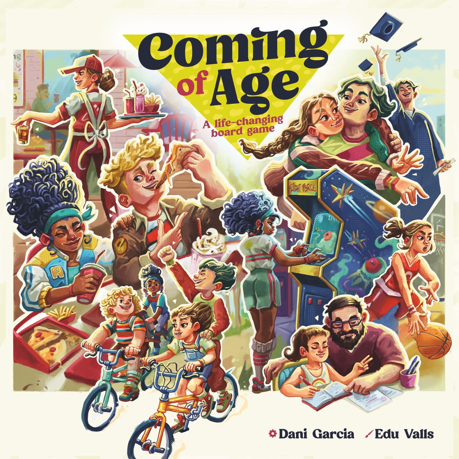 Board game cover titled 'Coming of Age' with colorful illustration of children and adults.