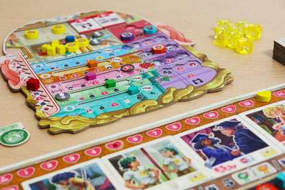Coming of Age Colorful board game with cards and pieces on a wooden surface