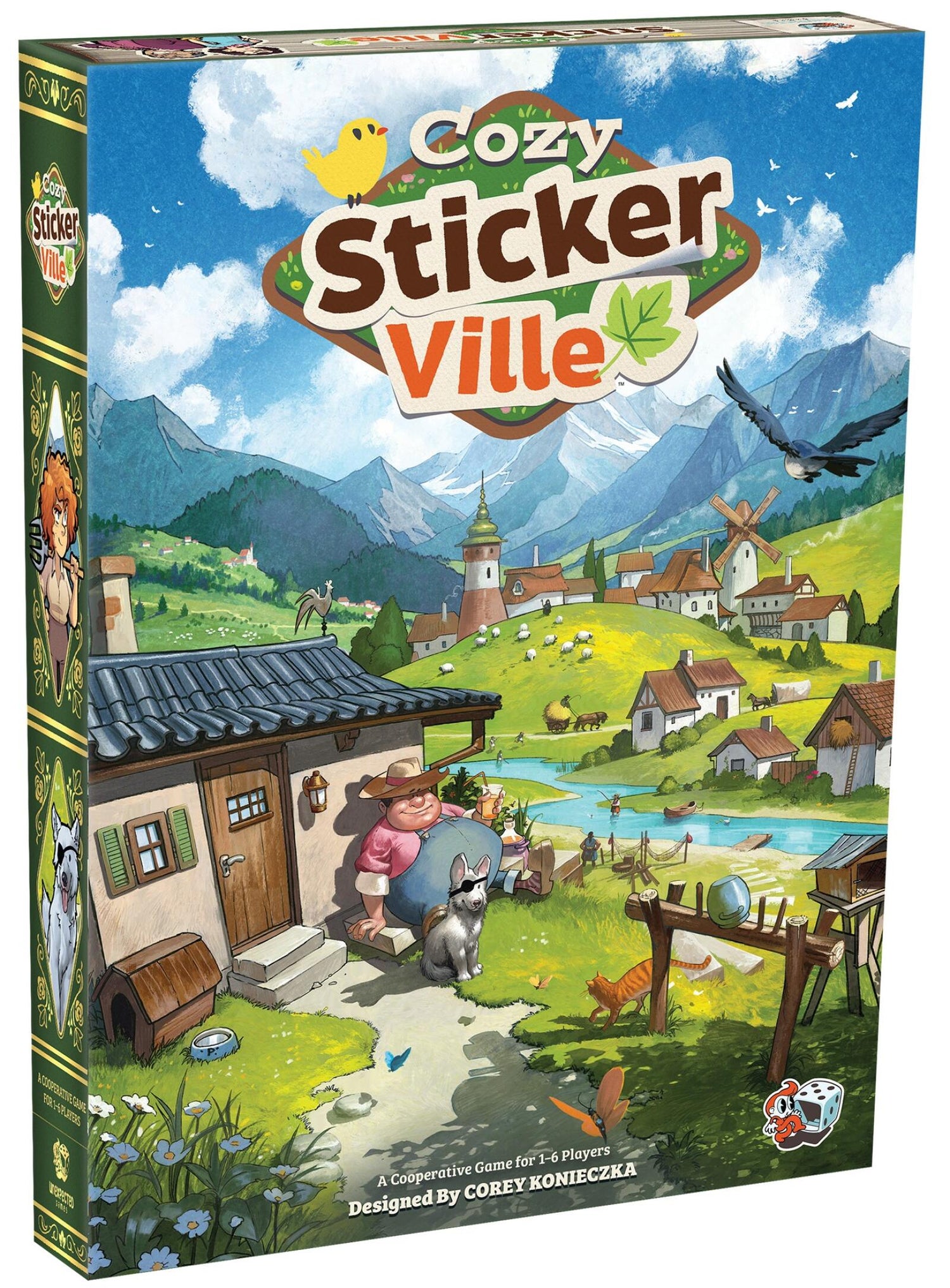 Board game box for 'Cozy Sticker Ville' with a colorful illustration of a village scene.