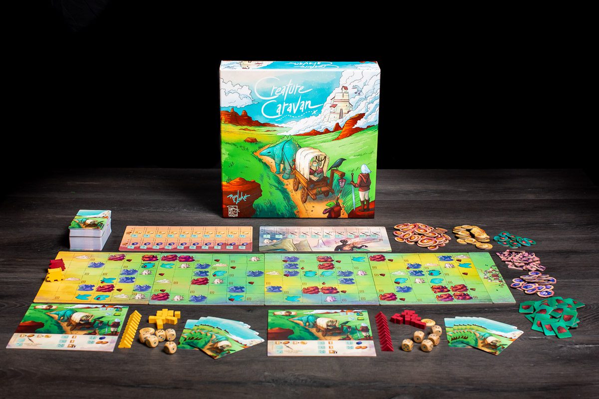 Board game set with colorful components on a dark surface