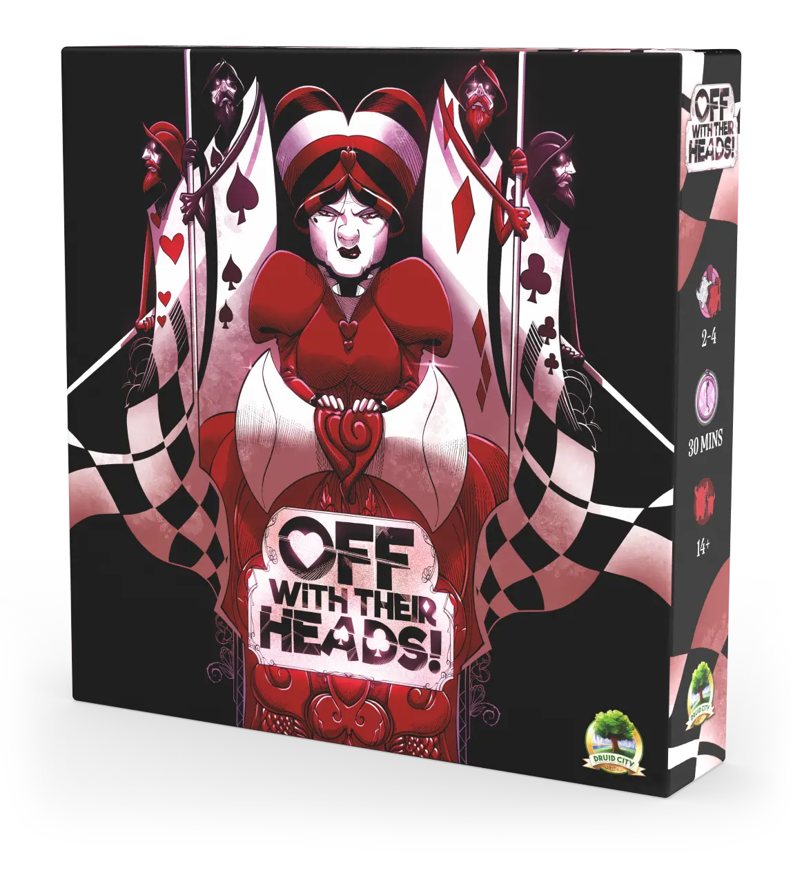 Board game box titled 'Off with Their Heads!' with a red queen character on a black background.