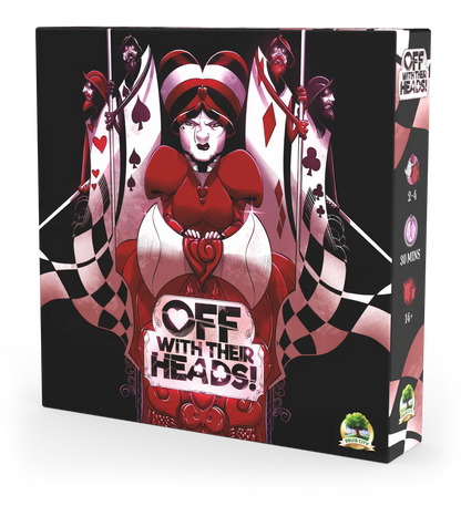 Board game box titled 'Off with Their Heads!' with a red queen character on a black background.