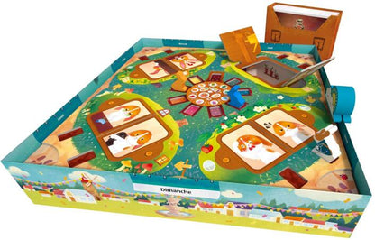 Colorful board game with various elements and a box labeled 'Dimanche' on a white background
