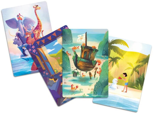 Set of four colorful illustrated cards featuring various scenes.