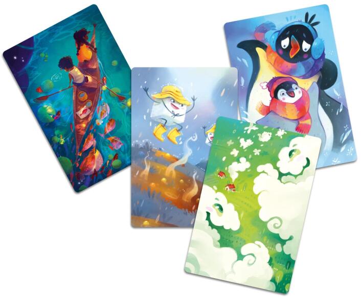 Four colorful illustrated cards featuring different scenes and characters on a white background.