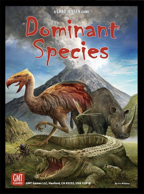 Game box cover of 'Dominant Species' with prehistoric creatures and mountain in the background.
