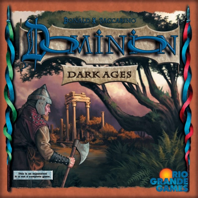 Board game box for 'Dominion: Dark Ages' by Rio Grande Games with a warrior and ancient temple illustration.