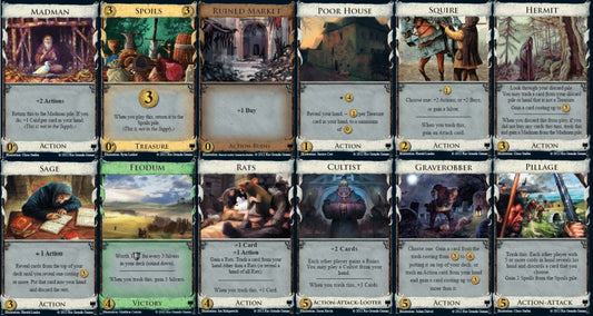 Dominion Dark Ages Collection of cards with various illustrations and text on a grid layout