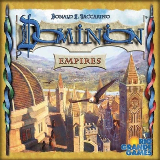 Board game box for 'Dominion Empires' with castle and cityscape design.