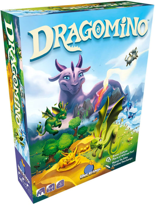 Dragomino board game box with dragons and a mountainous landscape on the cover
