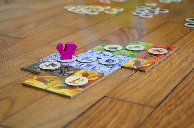 Board game pieces on a wooden floor