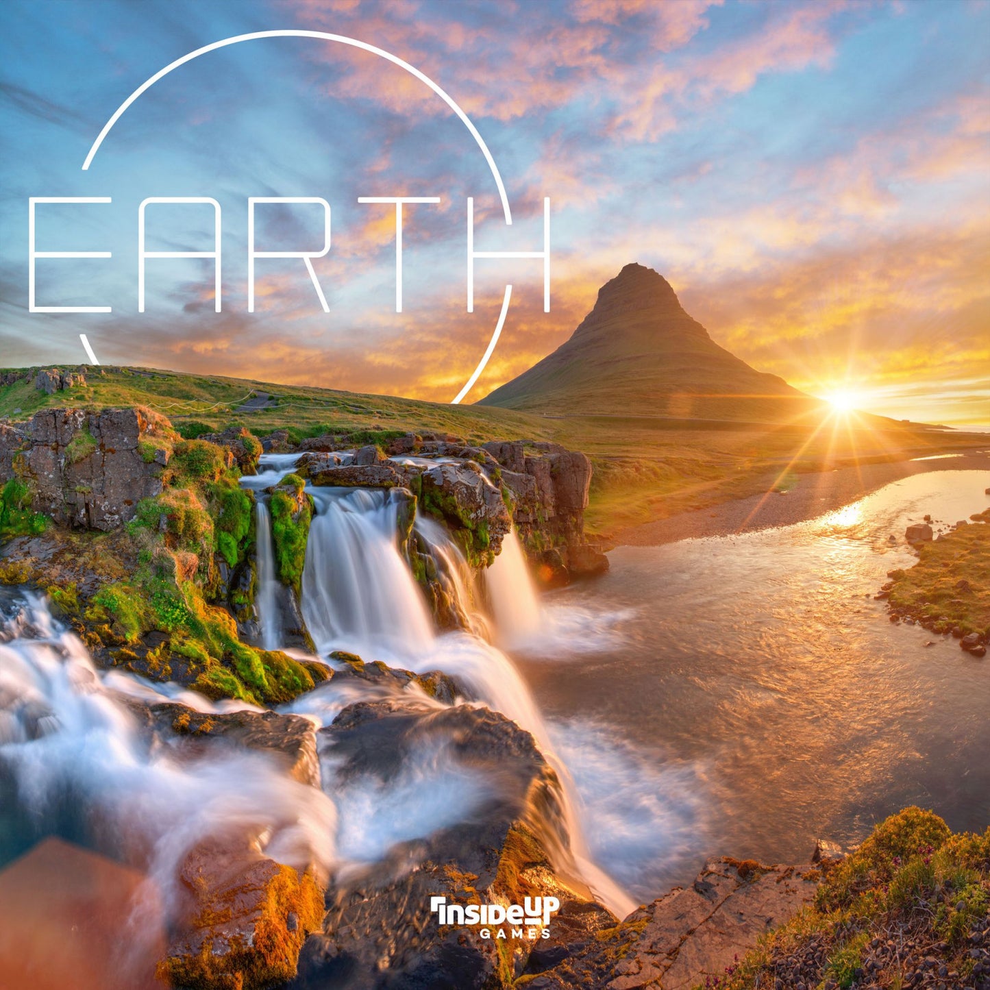 Scenic landscape with waterfall and mountain at sunset, featuring the word 'EARTH' and 'insideUP' branding.