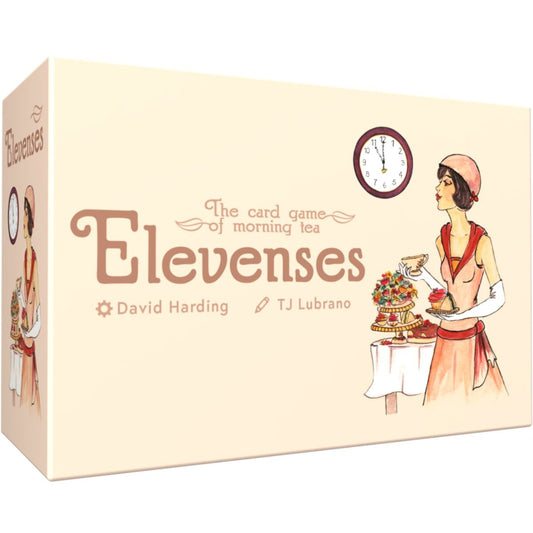 Box of 'Elevenses' card game with illustration of a woman serving tea and a clock.