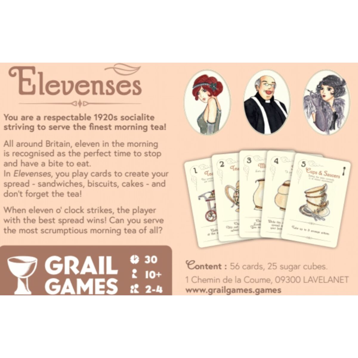 Card game packaging for 'Elevenses' by Grail Games with game cards and player characters.
