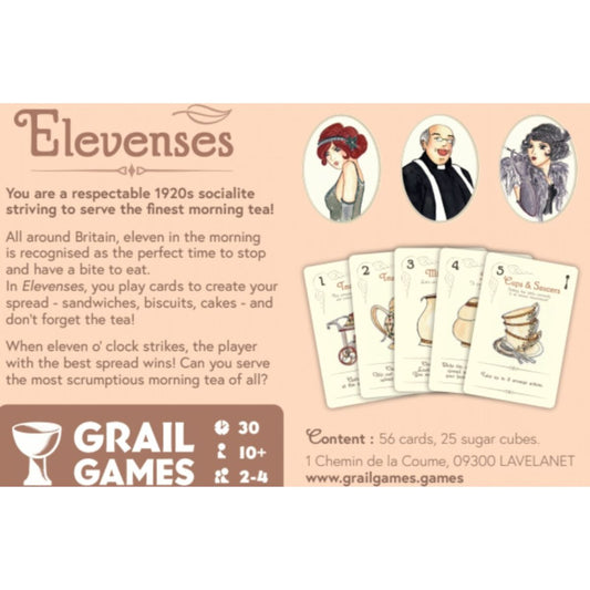 Card game packaging for 'Elevenses' by Grail Games with game cards and player characters.