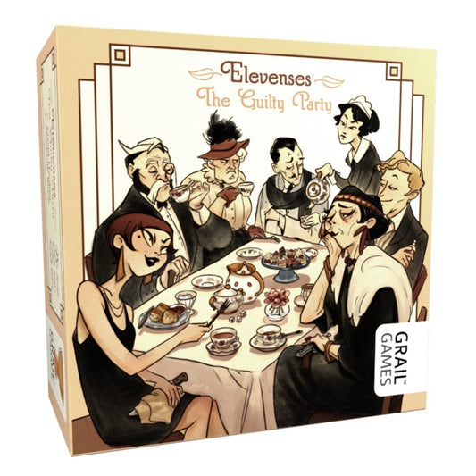 Board game box for 'Elevenesses: The Guilty Party' by Graal Games with illustrated characters around a table.