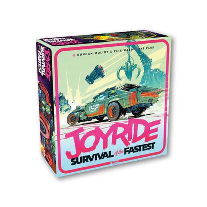 Board game box for 'Joyride: Survival of the Fastest' with colorful design and car illustration.