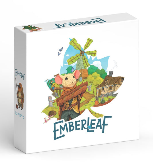 Board game box for 'Emberleaf' with colorful illustration on a white background