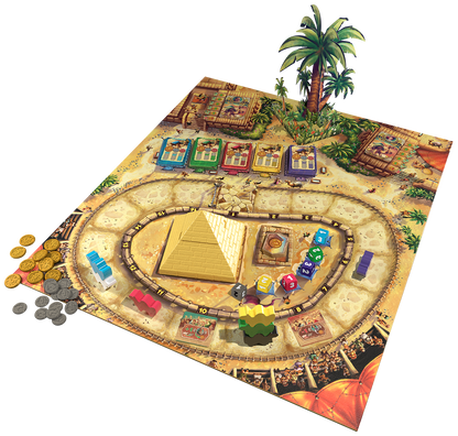 Board game Camel Up with pyramid design and colorful pieces on a desert-themed board
