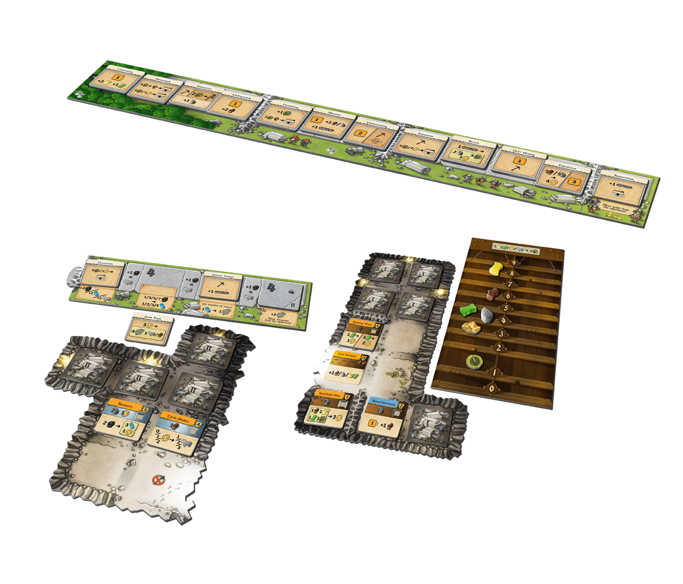 Board game components laid out on a white background, including a long green highway-style board, two gray stone terrain boards, a brown resource/stack board, and small cards and dice.