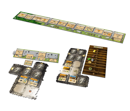 Board game components laid out on a white background, including a long green highway-style board, two gray stone terrain boards, a brown resource/stack board, and small cards and dice.