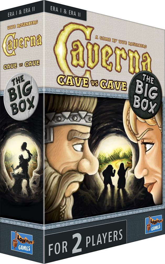 The Big Box Caverna: Cave vs Cave board game packaging by Logopedia Games, featuring illustrated cave characters and the text 'The Big Box' and 'For 2 Players'.