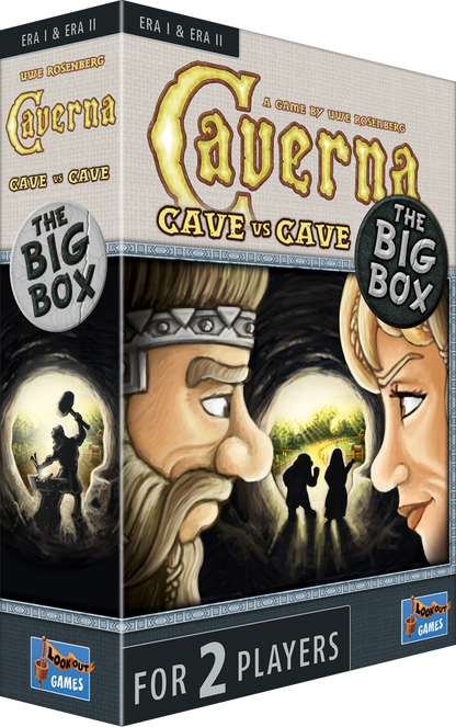 The Big Box Caverna: Cave vs Cave board game packaging by Logopedia Games, featuring illustrated cave characters and the text 'The Big Box' and 'For 2 Players'.