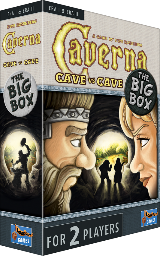 The Big Box Caverna: Cave vs Cave board game packaging by Logopedia Games, featuring illustrated cave characters and the text 'The Big Box' and 'For 2 Players'.