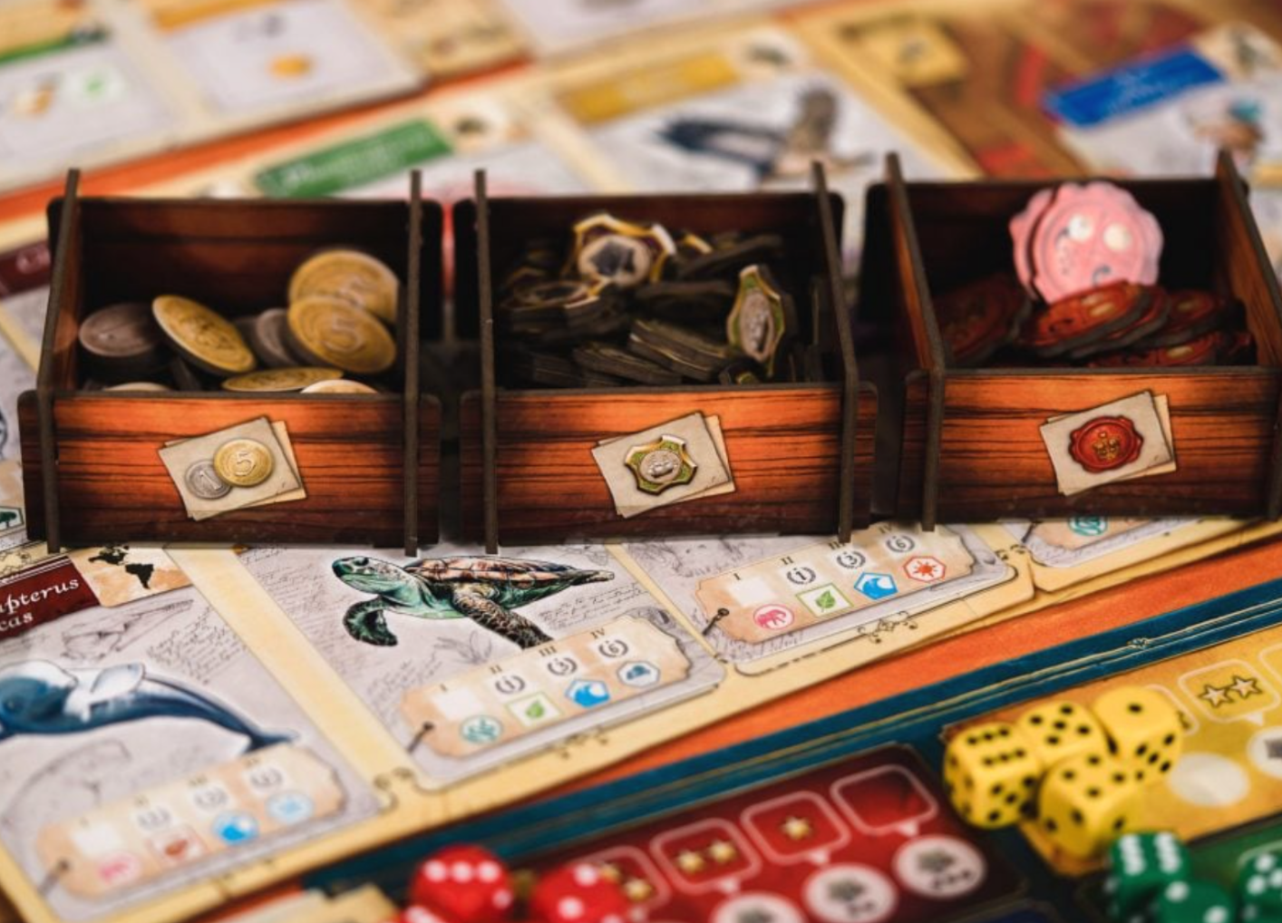 Encyclopedia Close-up of a board game with wooden compartments, coins, cards, and dice.