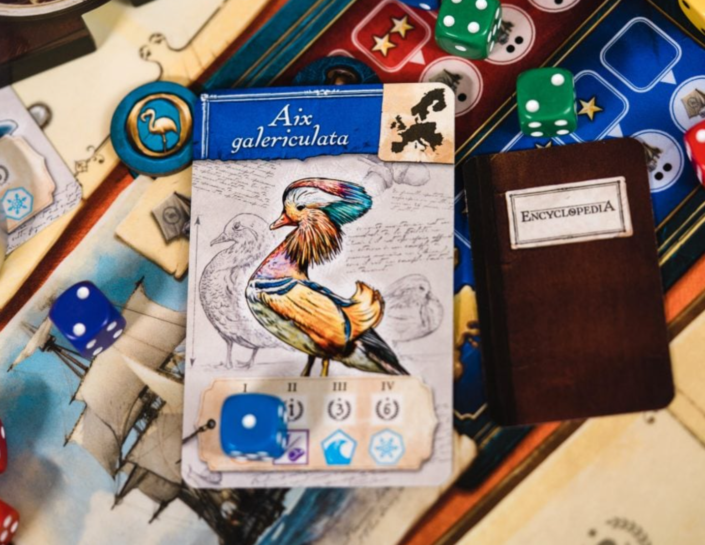 Encyclopedia Card with a colorful duck illustration on a board game surface with dice and game pieces.
