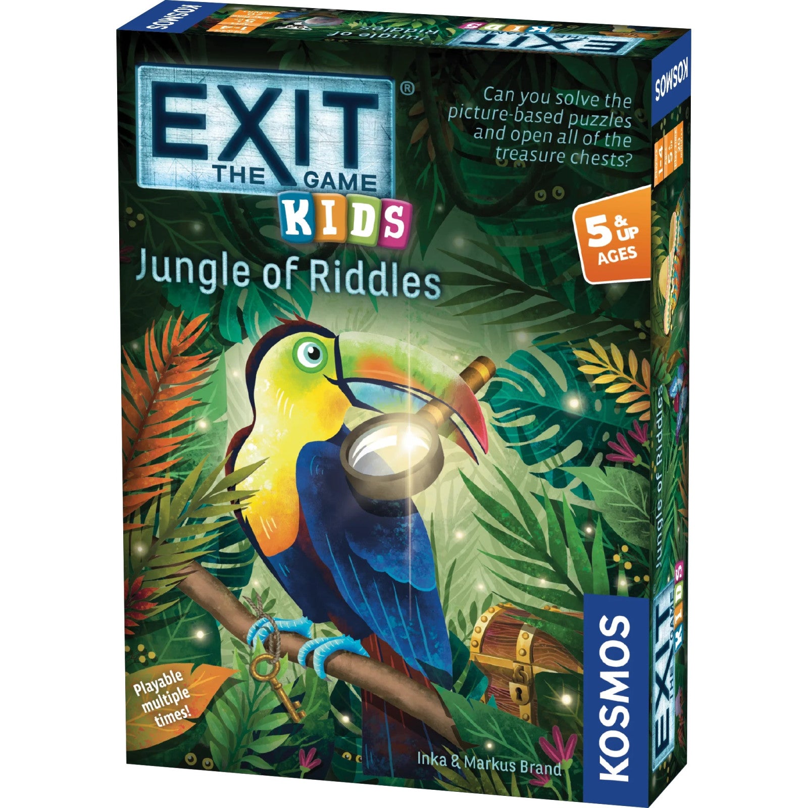 Board game box for 'Exit: The Game - Kids Jungle of Riddles' by Kosmos with a colorful toucan illustration.