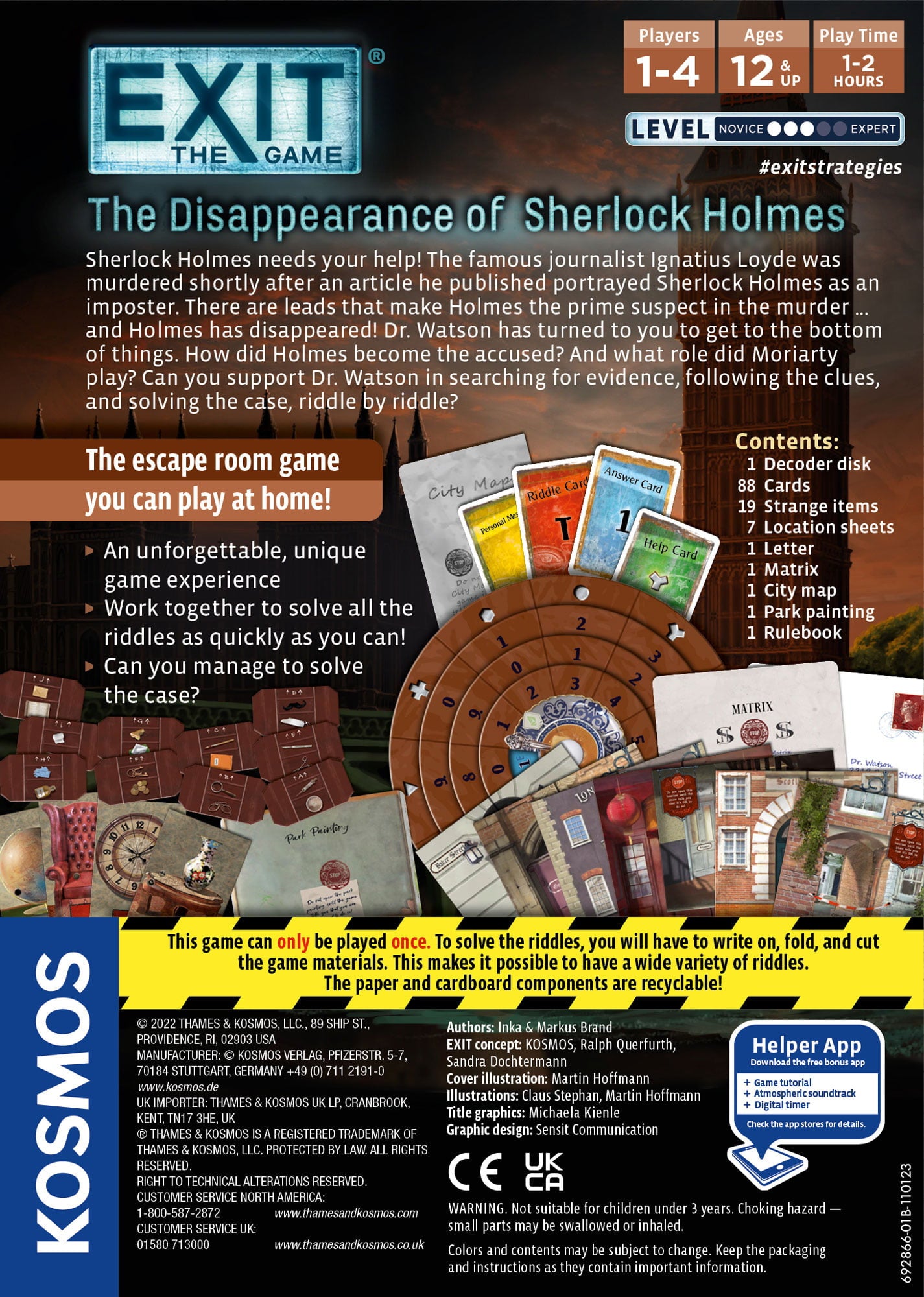 Game box for 'Exit: The Game - The Disappearance of Sherlock Holmes' by Kosmos, featuring text and images of game components.