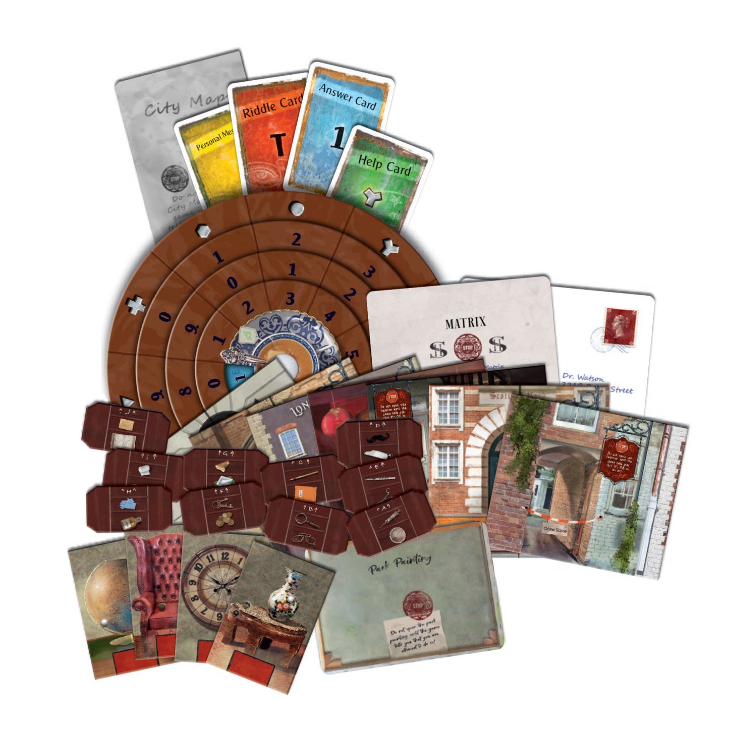 Collection of board game components for Exit the game sherlock holmes including cards and a spinner on a white background