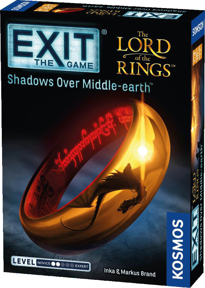 Board game box for 'Exit: The Lord of the Rings' with a large gold ring on the cover.