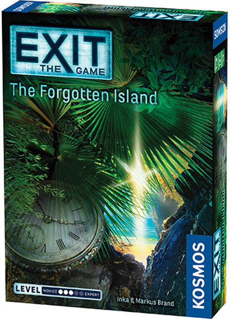 Board game box for 'Exit: The Game - The Forgotten Island' by Kosmos with a tropical island and clock design.