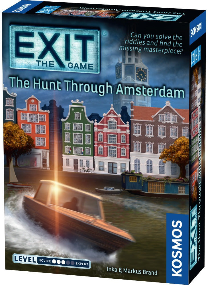 Board game box for 'Exit: The Hunt Through Amsterdam' by Kosmos with a boat and Amsterdam buildings on the cover.