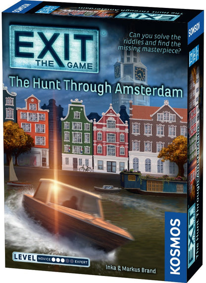 Board game box for 'Exit: The Hunt Through Amsterdam' by Kosmos with a boat and Amsterdam buildings on the cover.