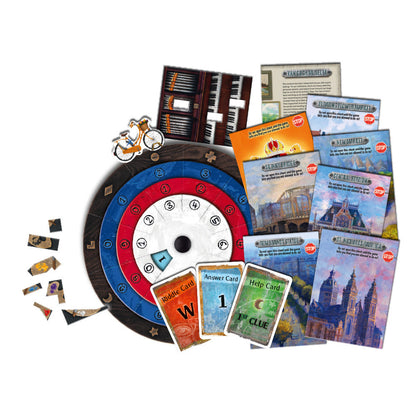 Board game components including a spinner, cards, and pieces on a white background
